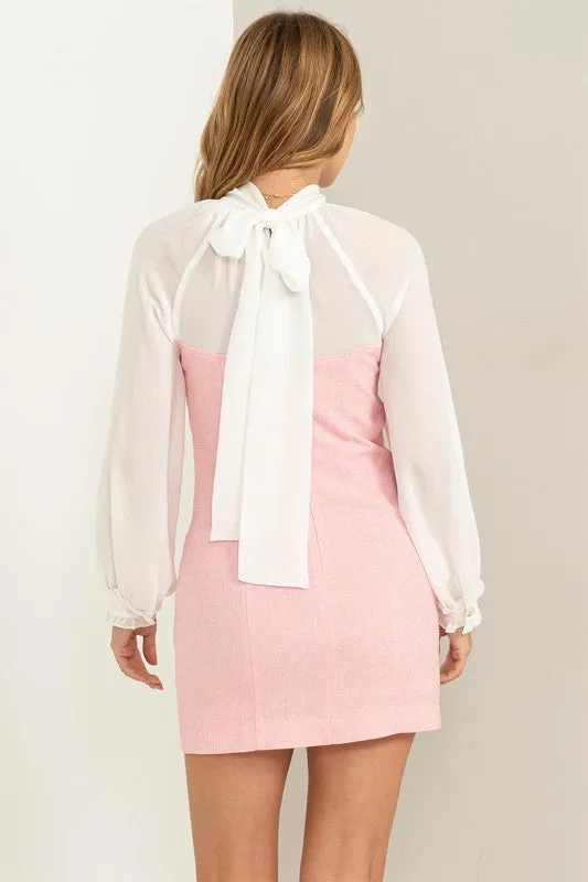 Pink Sheer Elegance Tie-Back Mixed Media Dress