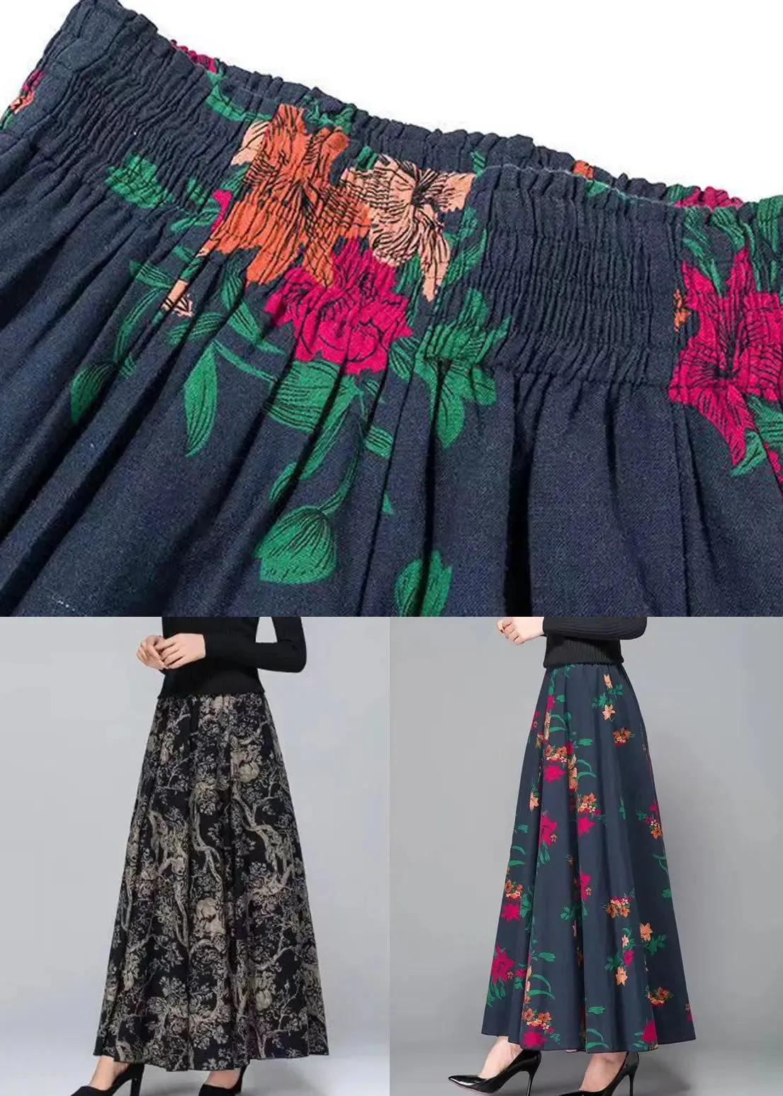 Print Pockets Cotton Skirts Fall