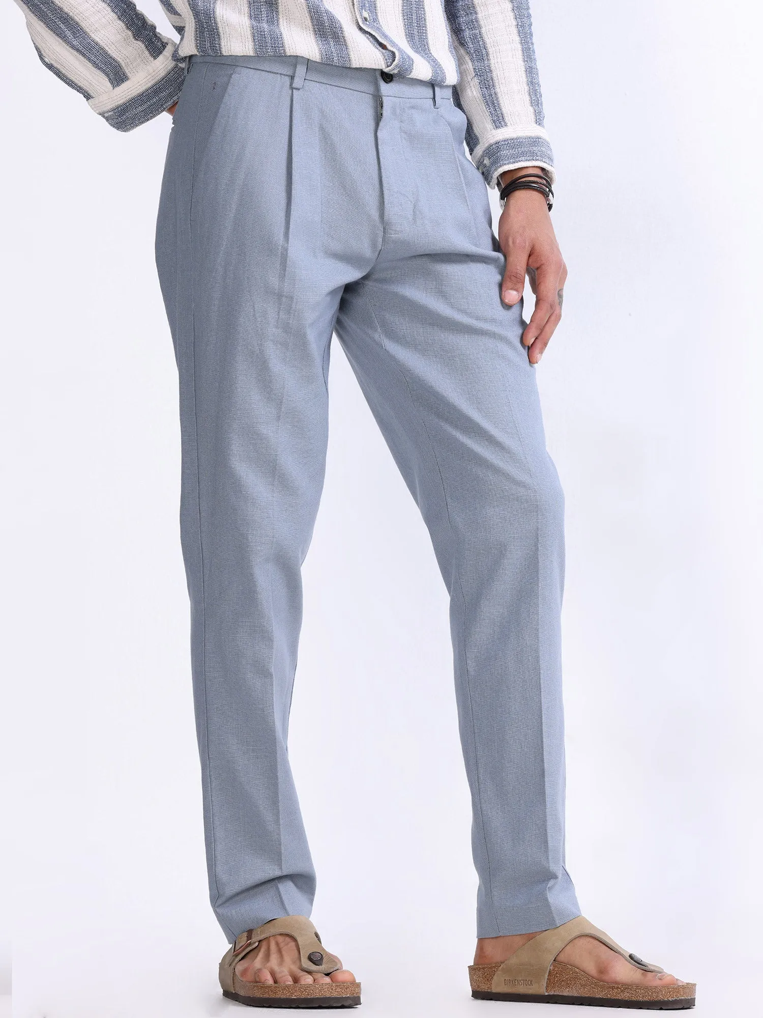 Raw Slub Ocean Blue Pleated Pant