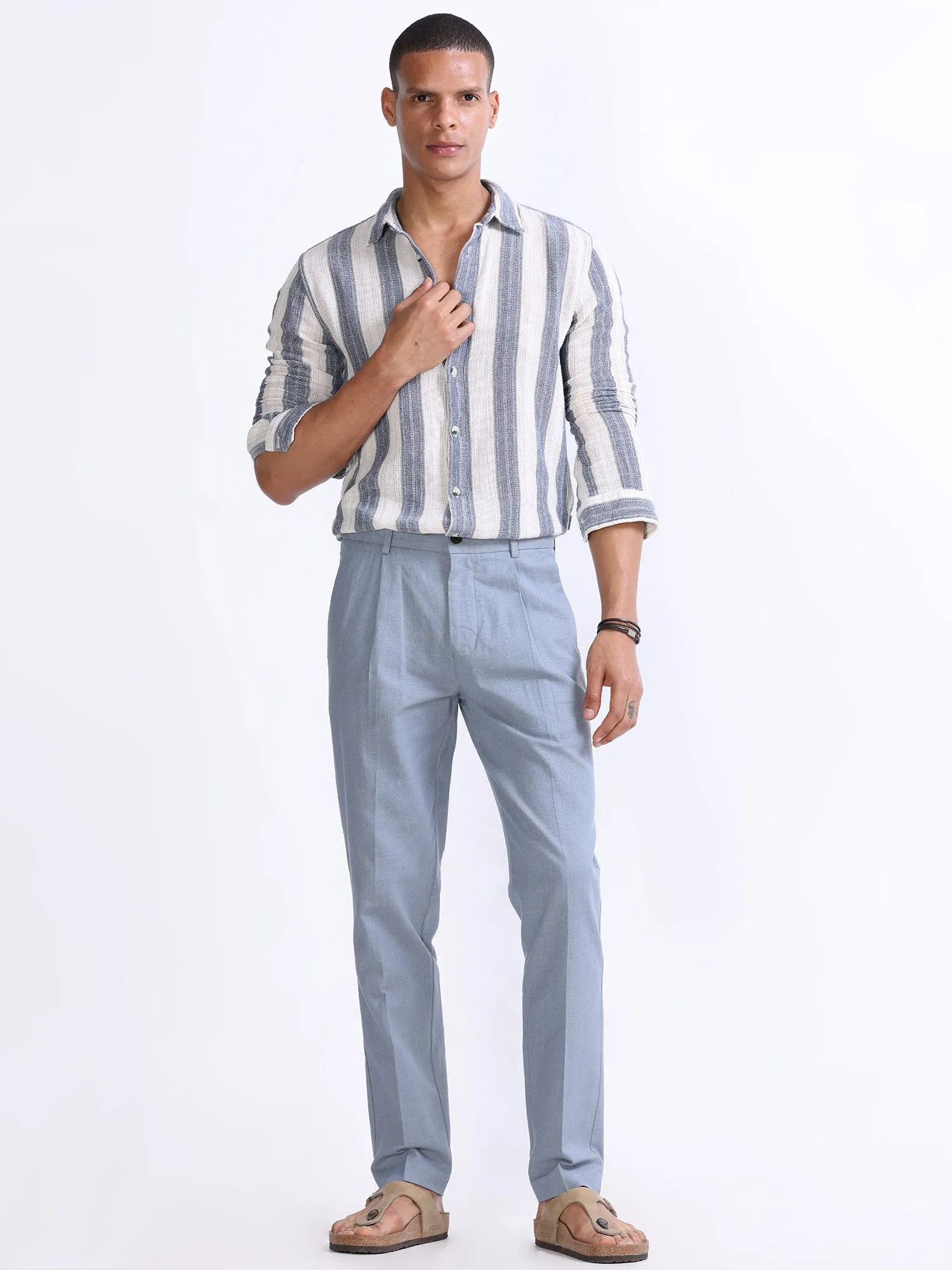 Raw Slub Ocean Blue Pleated Pant