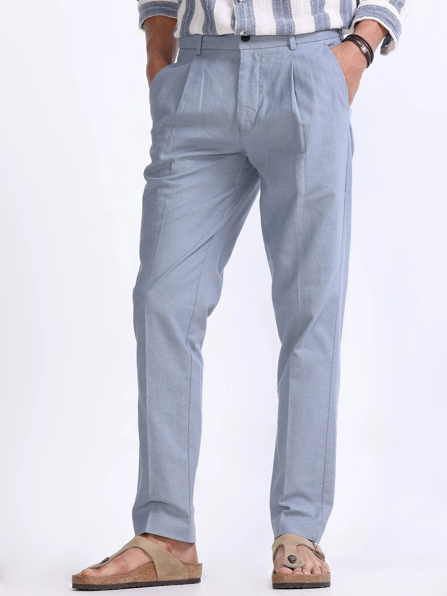 Raw Slub Ocean Blue Pleated Pant