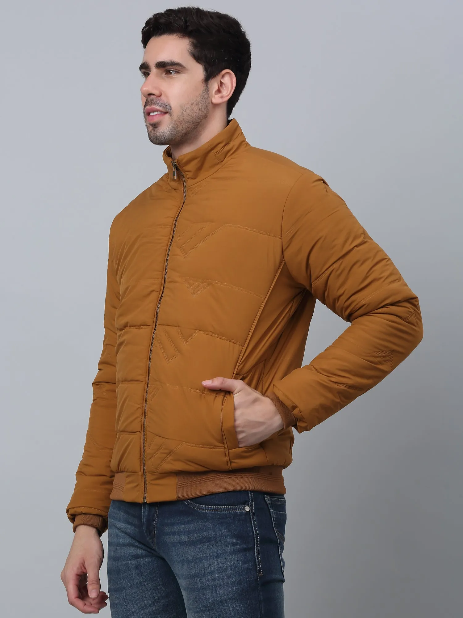 Solid Full Sleeves Band Collar Regular Fit Mustard Casual Jacket for Men