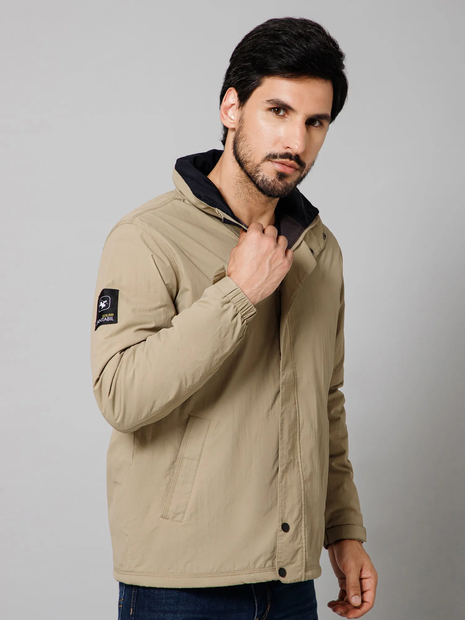 Solid Full Sleeves Mock Collar Regular Fit Beige Casual Jacket for Men