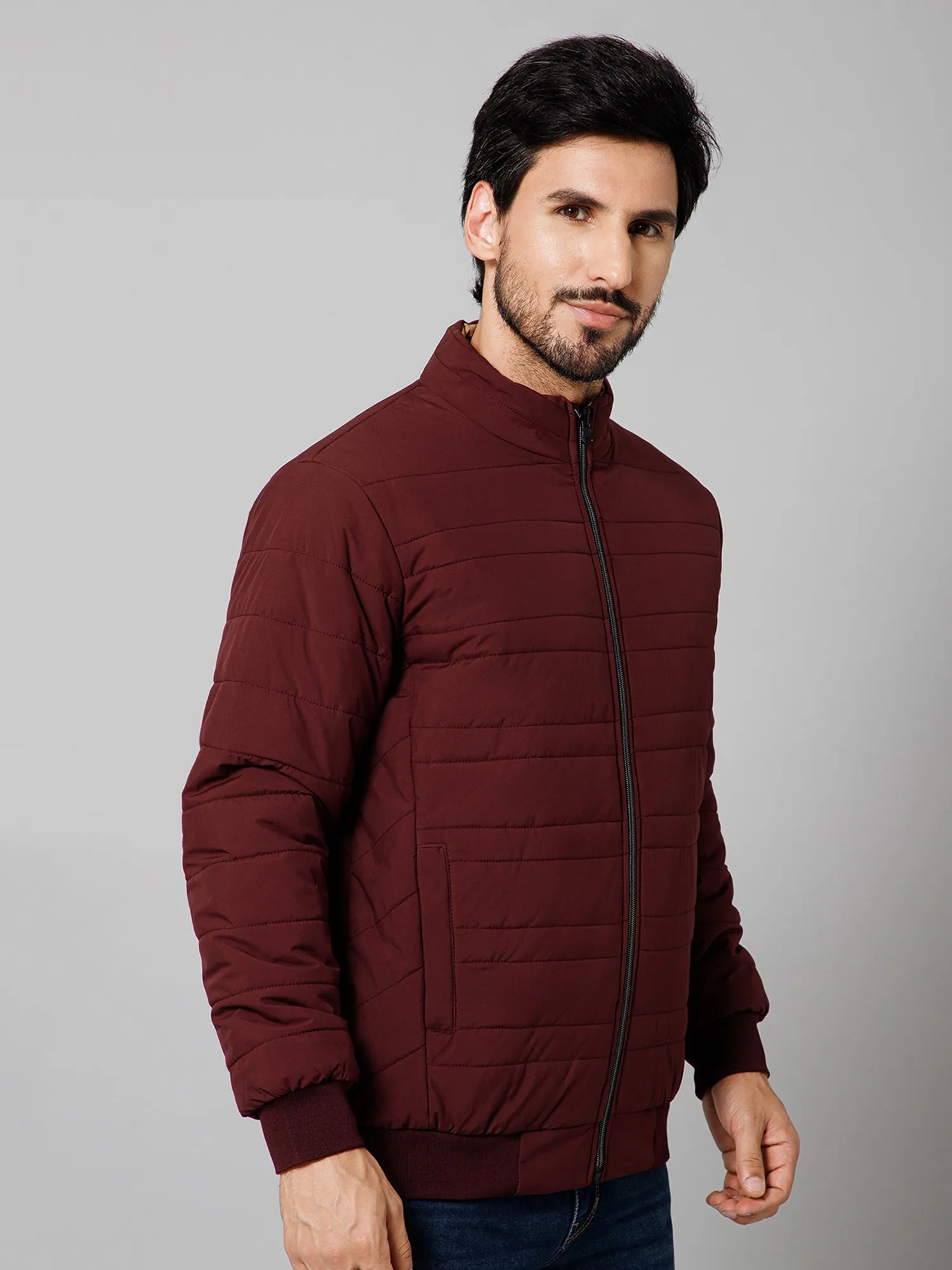 Solid Full Sleeves Mock Collar Regular Fit Wine Casual Reversible Jacket For Men