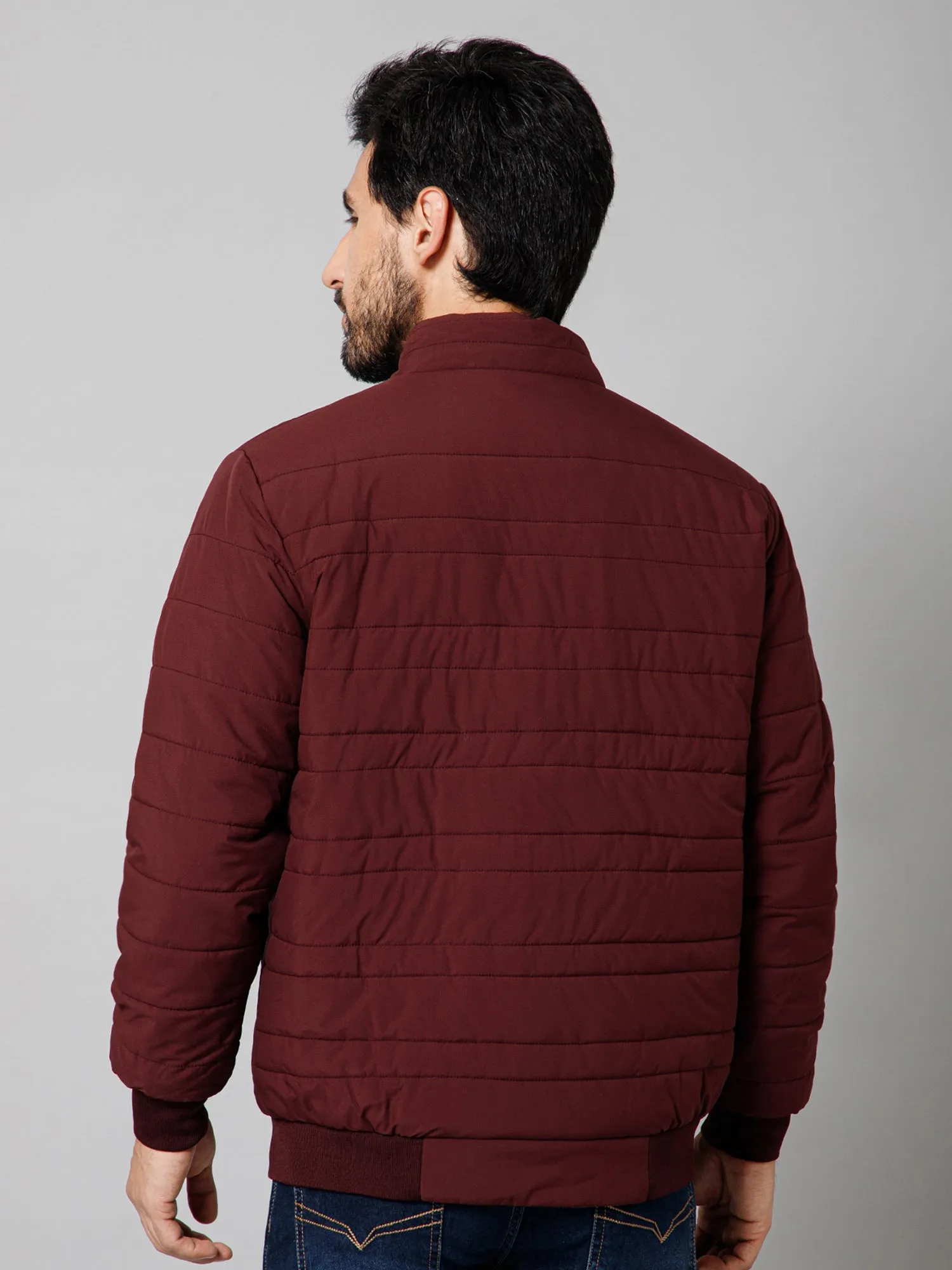 Solid Full Sleeves Mock Collar Regular Fit Wine Casual Reversible Jacket For Men