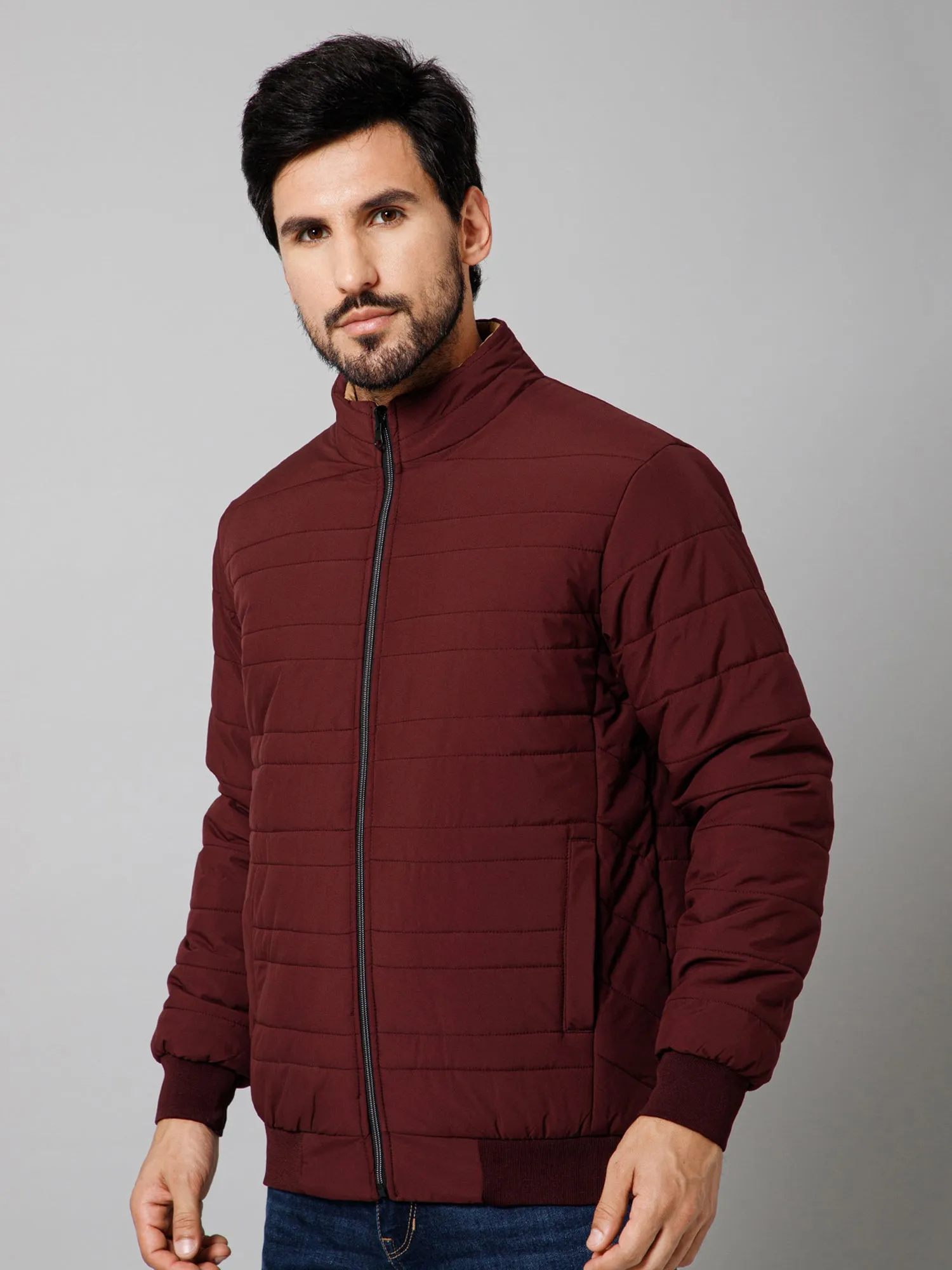 Solid Full Sleeves Mock Collar Regular Fit Wine Casual Reversible Jacket For Men