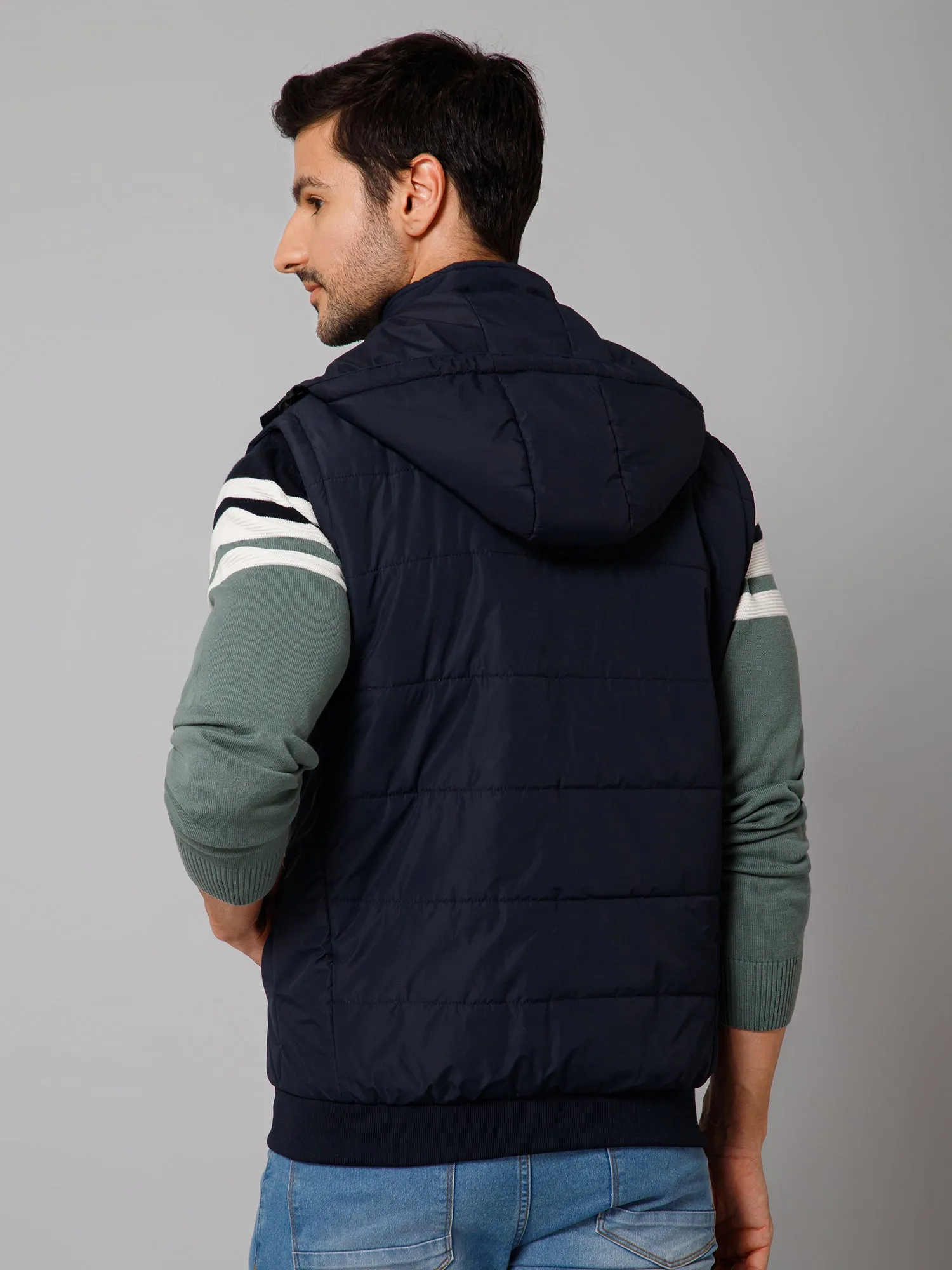 Solid Navy Blue Sleeveless Hooded Neck Regular Fit Casual Jacket for Men