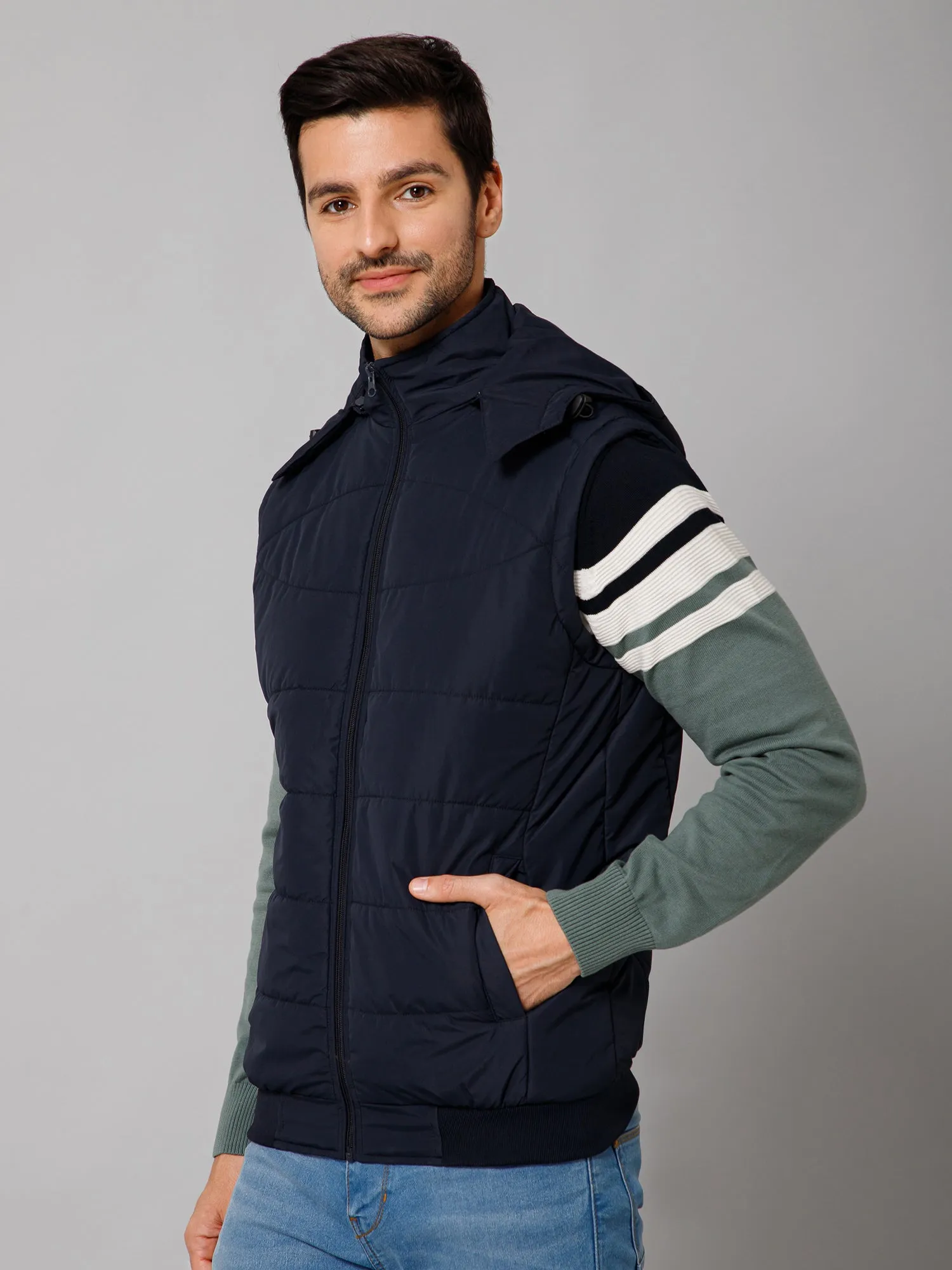 Solid Navy Blue Sleeveless Hooded Neck Regular Fit Casual Jacket for Men