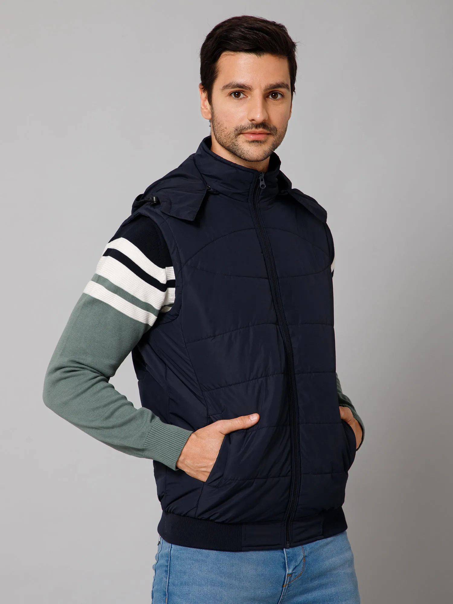 Solid Navy Blue Sleeveless Hooded Neck Regular Fit Casual Jacket for Men