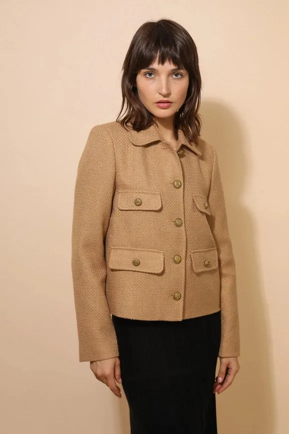 Straight Cut Plain Tweed Jacket Camel