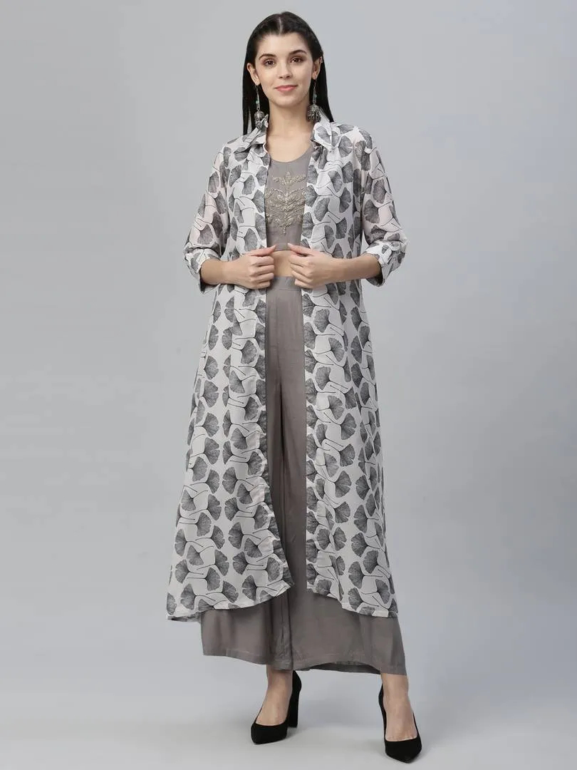 Stylish Grey Printed Shrug with Embroidered Top with Palazzo Set