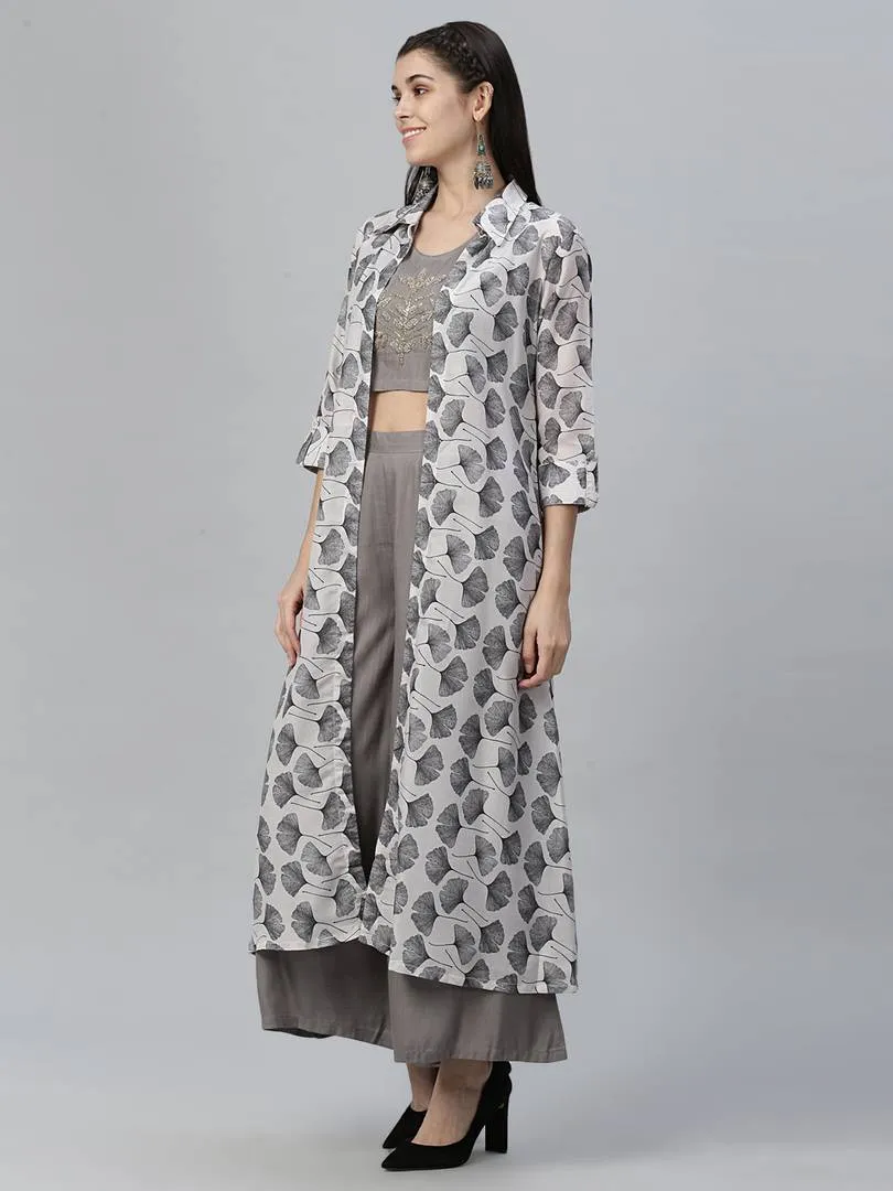 Stylish Grey Printed Shrug with Embroidered Top with Palazzo Set