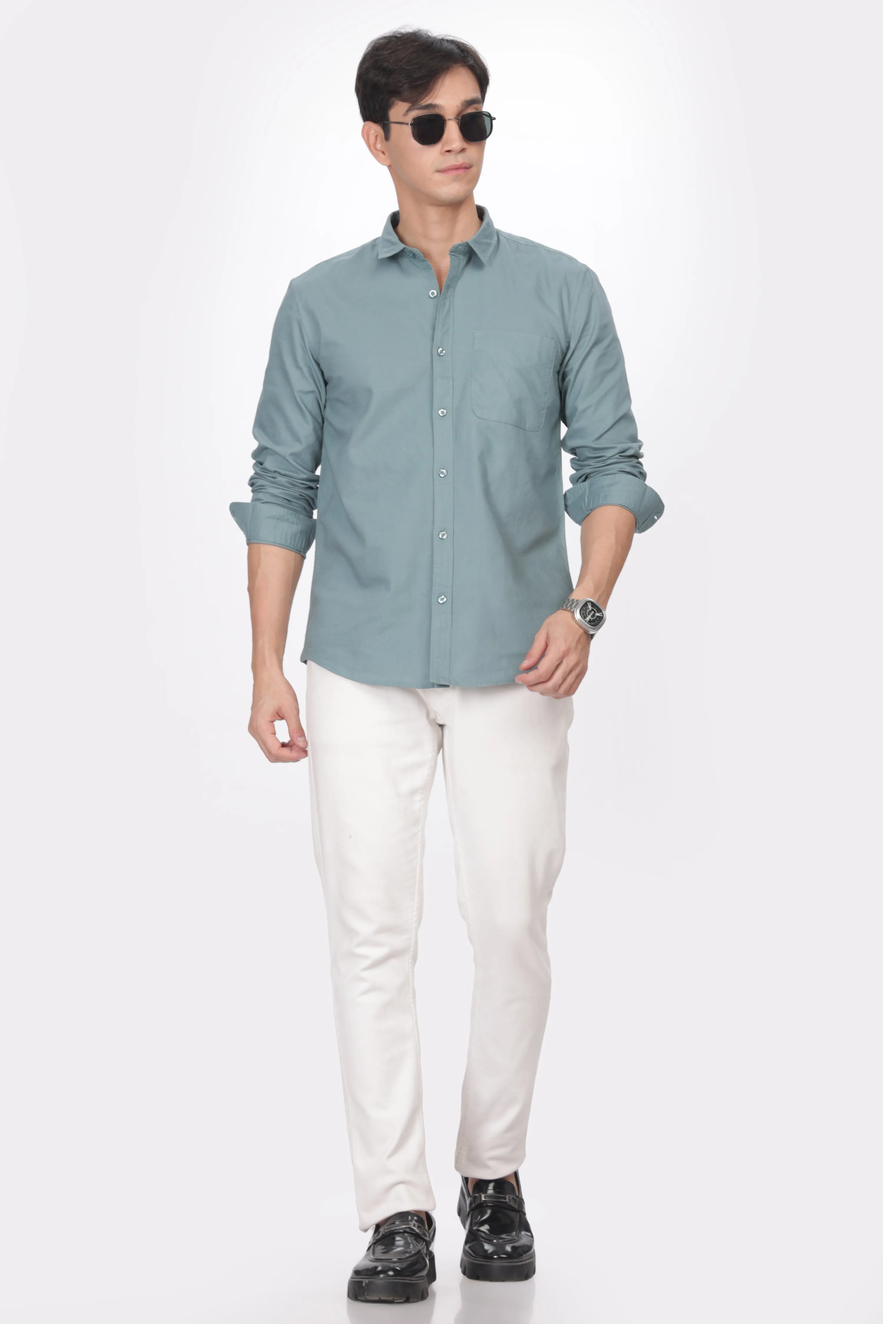 Teal Regular Fit Plain Full Sleeve Shirt