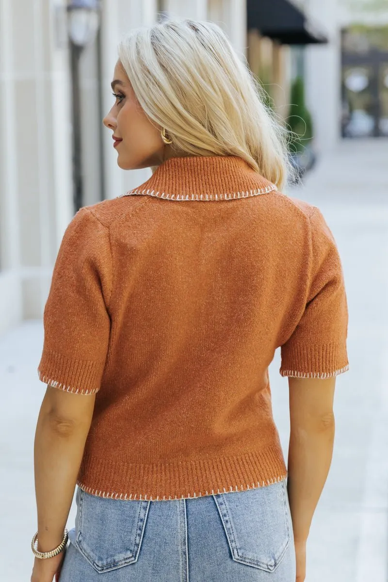 Terracotta Contrast Stitch Button Up Sweater - DOORBUSTER