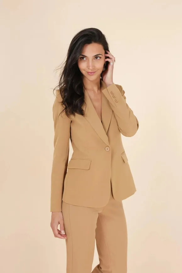 Timeless One-Button Fitted Plain Jacket Camel