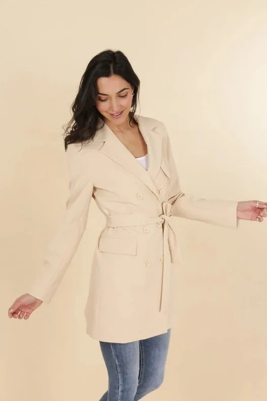 Timeless Plain Mid-Length Jacket With Belt Beige