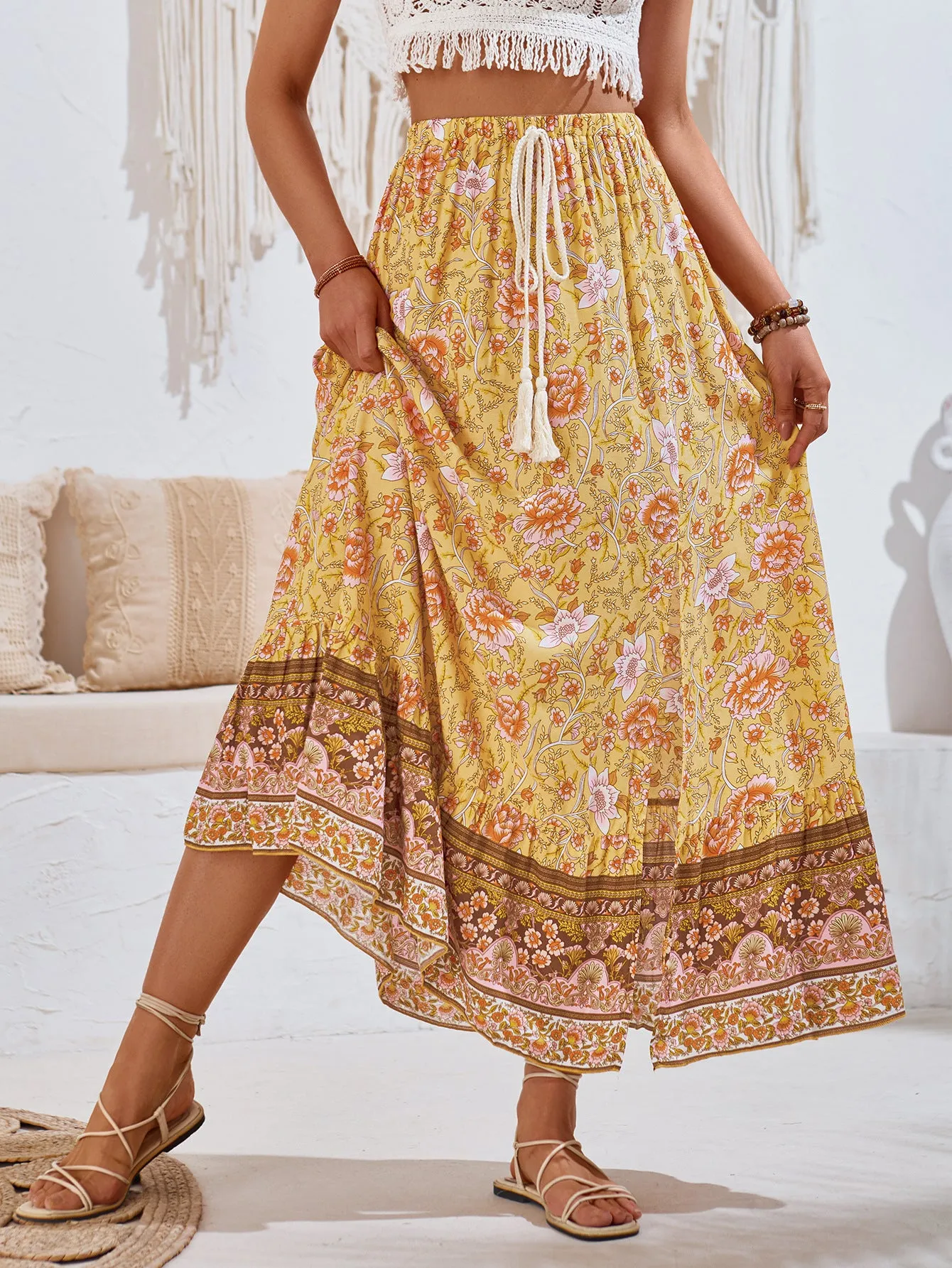 Women Summer Casual Printed Waist Controlled Drawstring Skirt