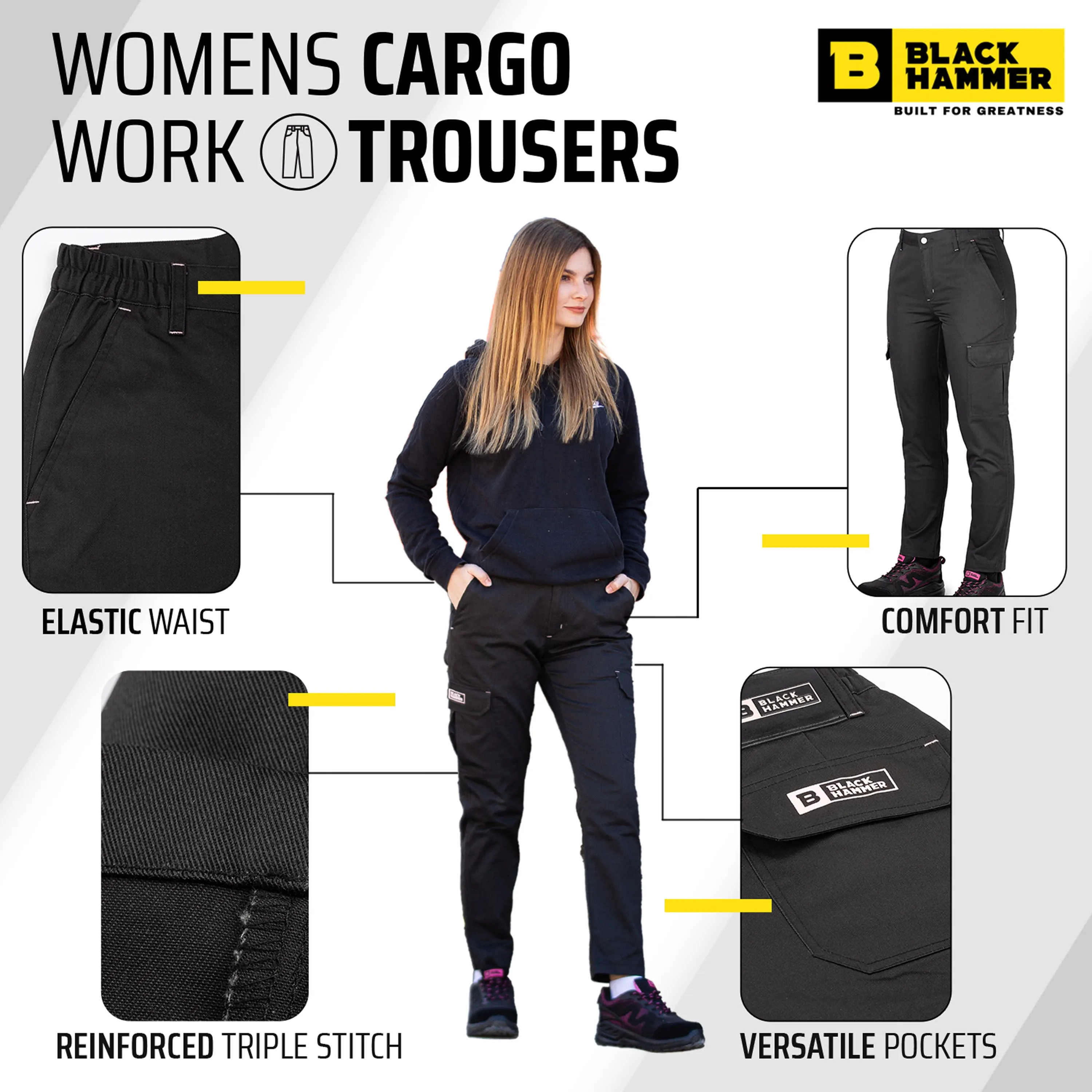 Womens Cargo Work Trousers Multi Pockets Elastic Waist Endure Workwear