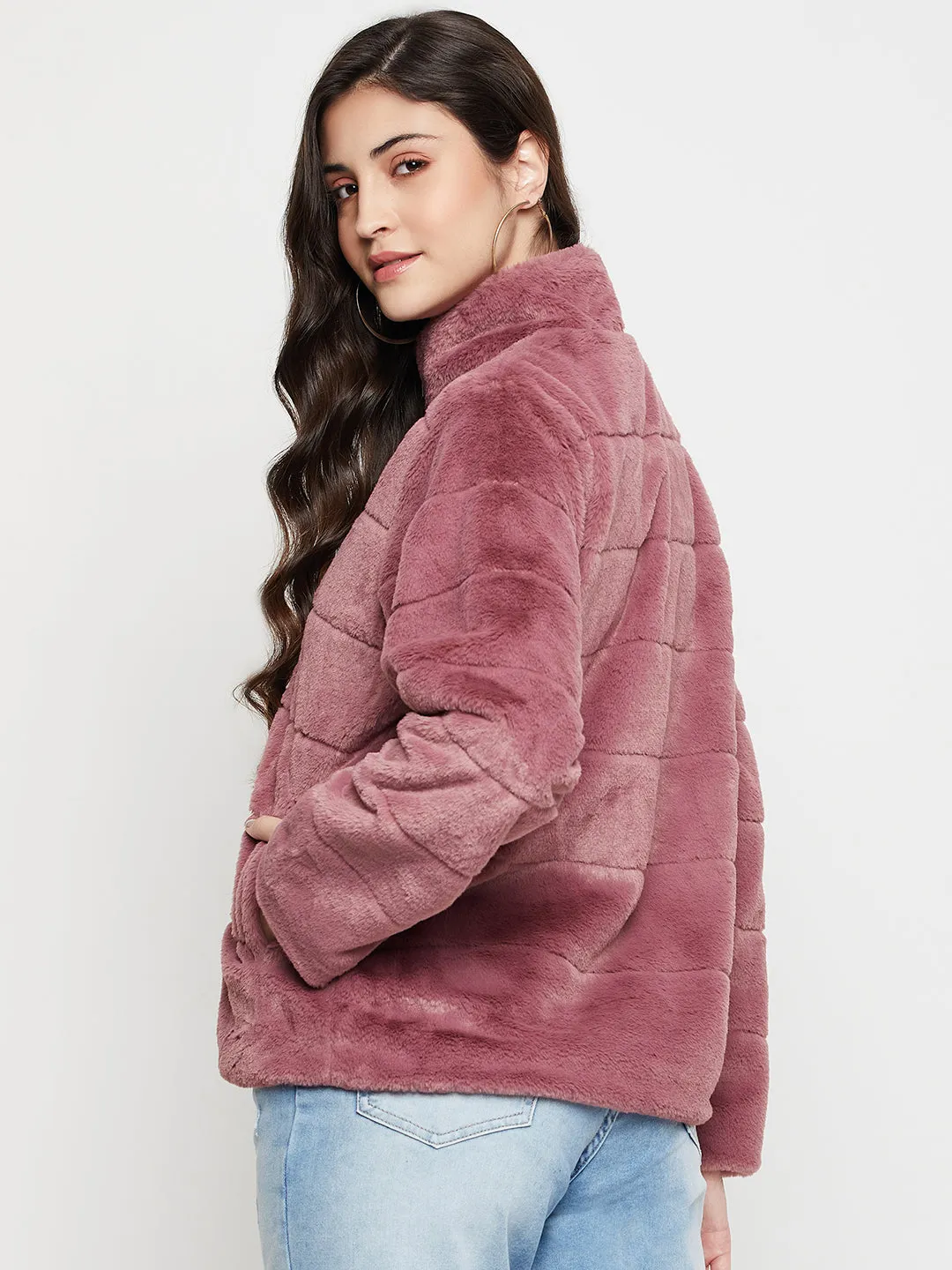 Women's Casual  Dark Pink Soft Faux Fur  Jacket