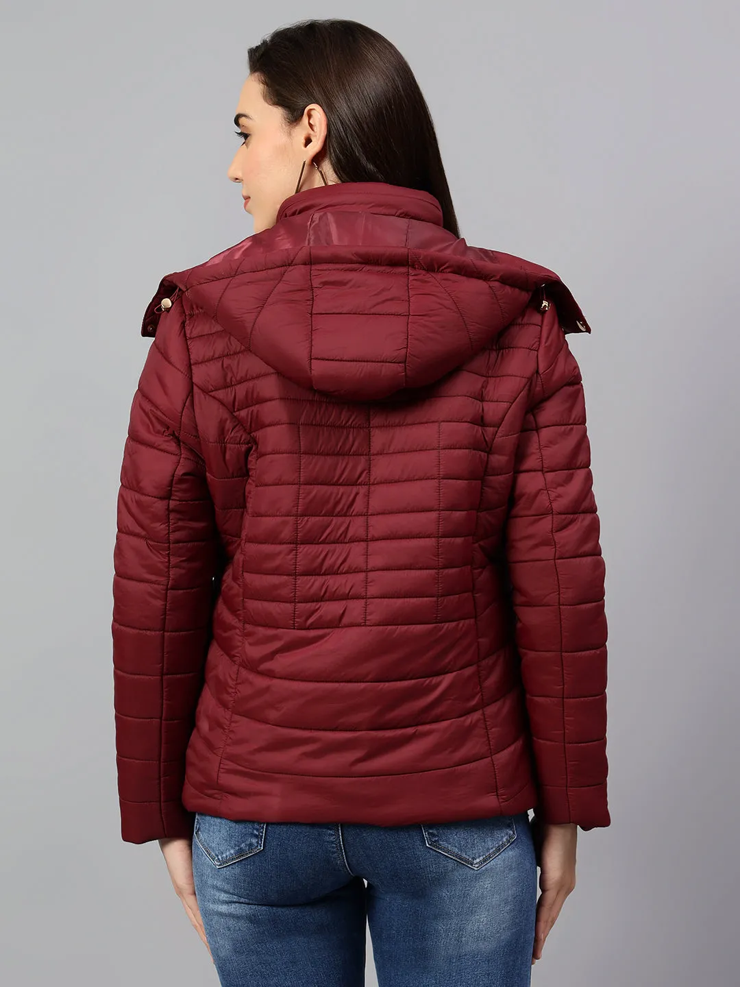 Women's Wine Solid Full Sleeves Winter Jacket