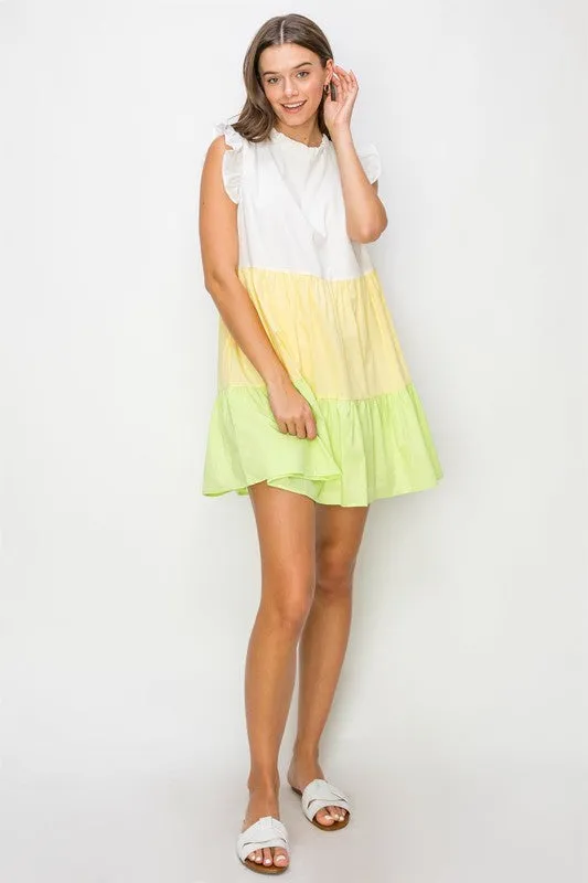 Yellow Multi Poplin Color Block Mini Dress