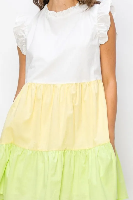 Yellow Multi Poplin Color Block Mini Dress